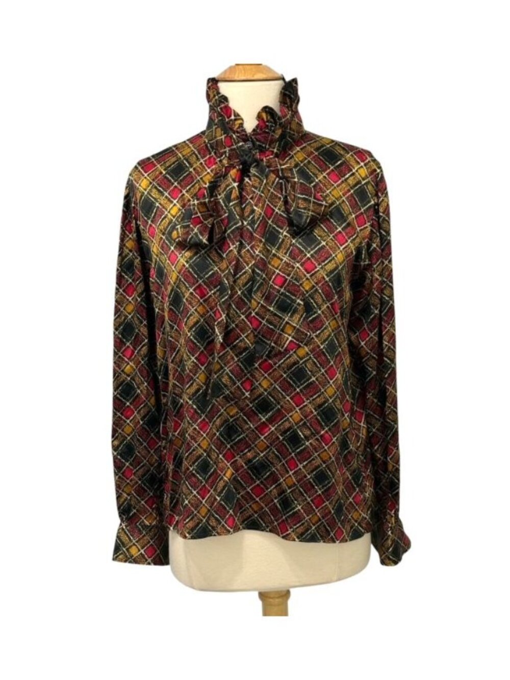 Vintage Saint Laurent Rive Gauche Blouse Black Gold Red High Ruffle Neck Size M?